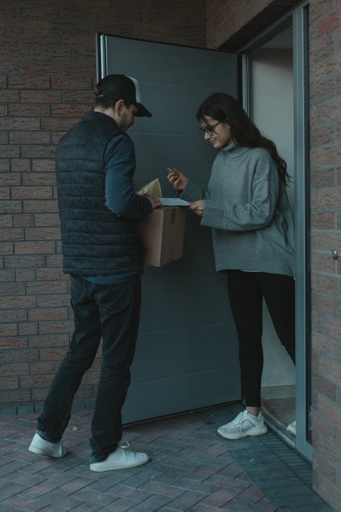 A delivery person hands a package to a woman at her home door.