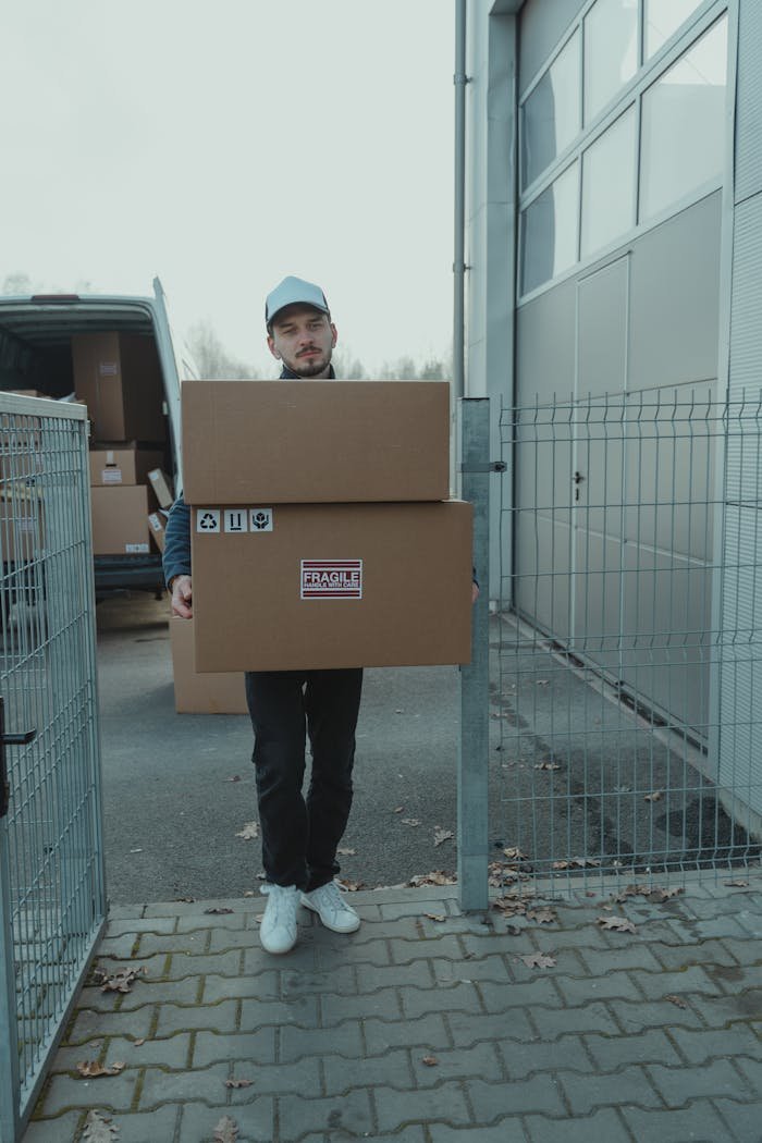 Man delivering cardboard boxes in an outdoor setting wearing casual attire.